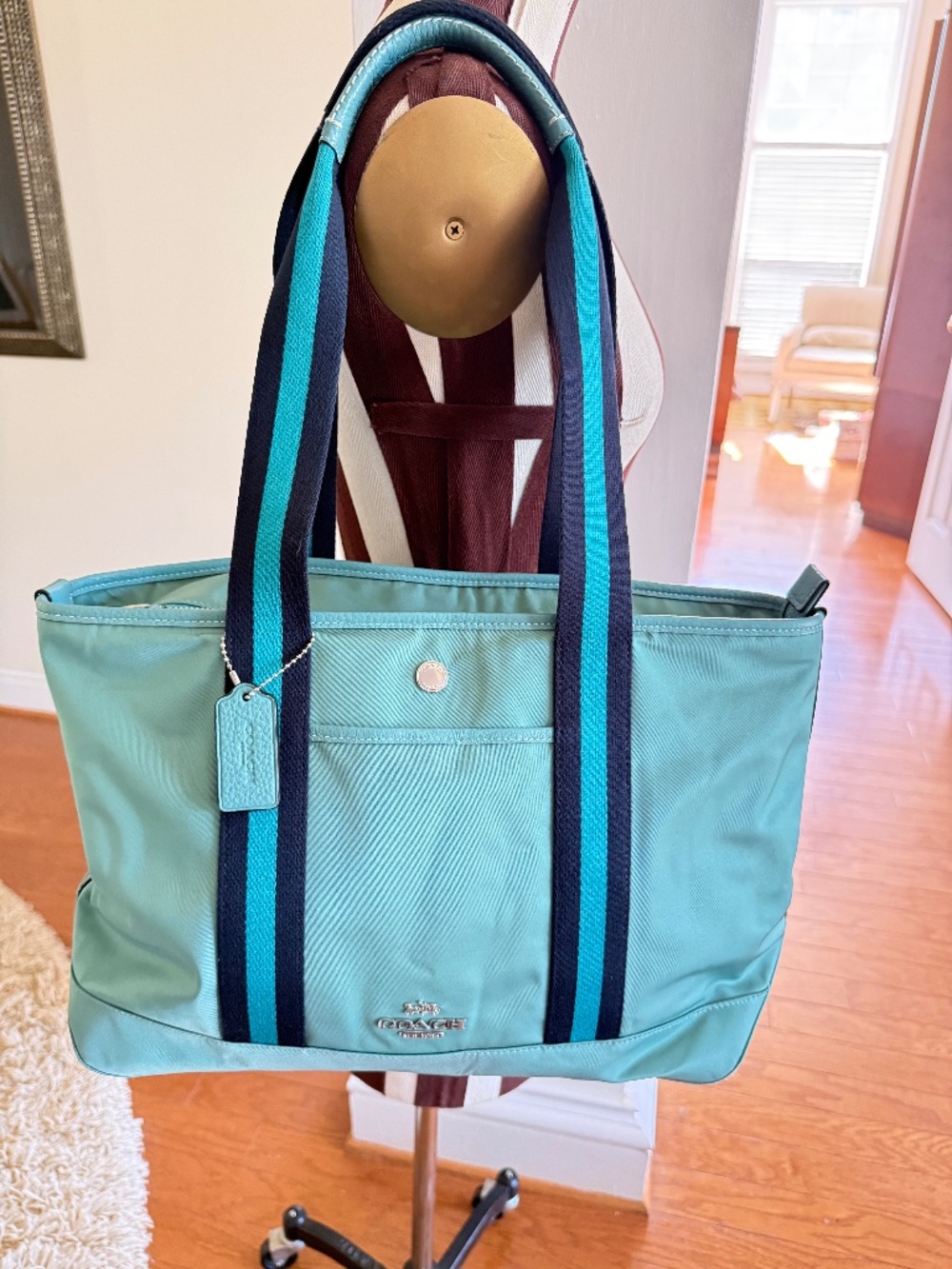 COACH CA208 Ellis Tote Bag Teal Nylon Medium Navy Cotton Straps Hang Tag